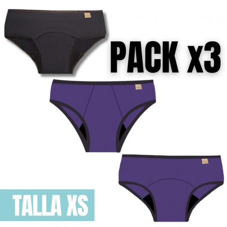 Pack x3 Primer Periodo XS Bombacha menstrual moderadas e intensa
